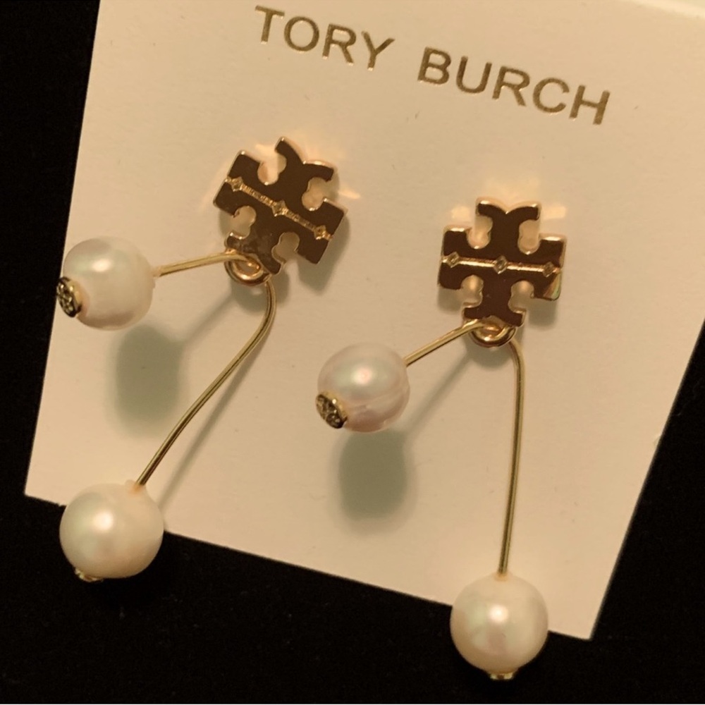 Tory Burch Gold Kira logo wire and White Pearl unique Earrings